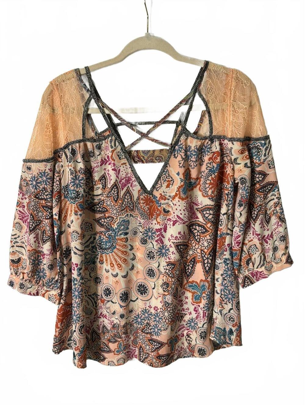 Gimmicks Women's Apricot Paisley Cold Shoulder Blouse with Crisscross Neckline,